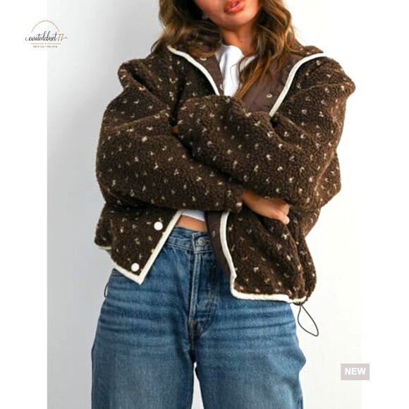 Women's Fleece Jacket Button Down Lapel Collar Sherpa Quilted Outerwear - Picture 3 of 7